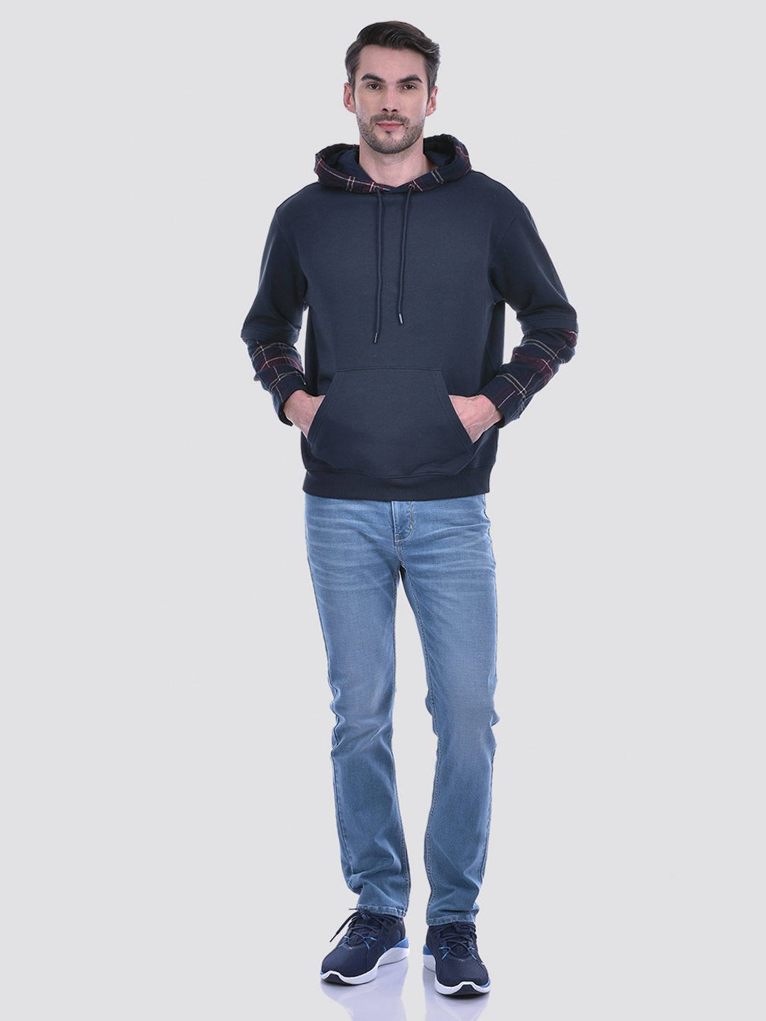 Numero Uno Men Blue Checks Hooded Neck Brushed Fleece Sweatshirt